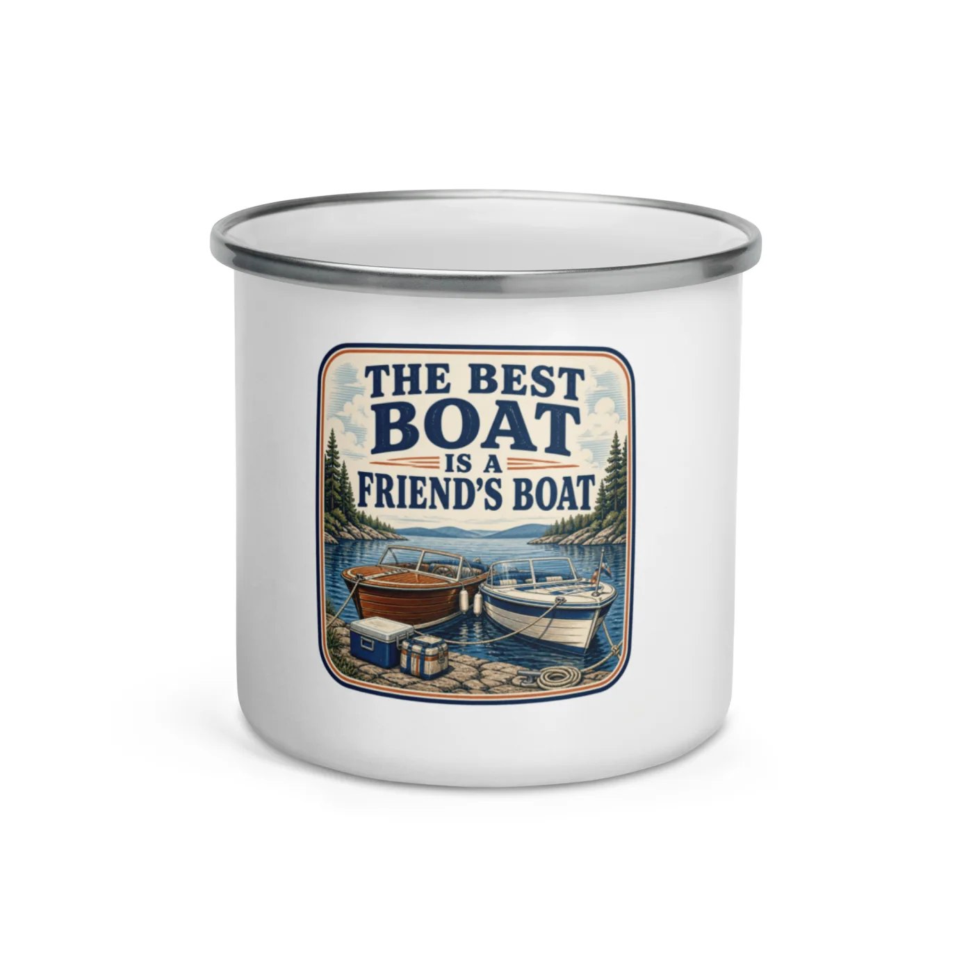 Enamel Camp Boat Mug, The Best Boat Is a Friend's Boat, Vintage Badge