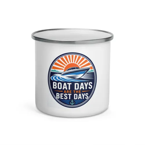Enamel Camp Boat Mug, Boat Days Are the Best Days, Bold Emblem - 12 oz - White