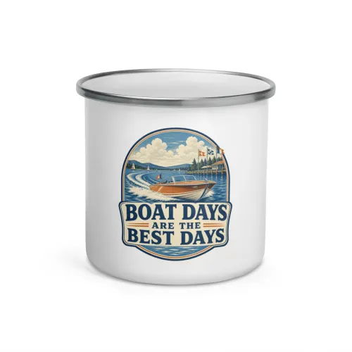 Enamel Camp Boat Mug, Boat Days Are the Best Days, Vintage Badge - 12 oz - White