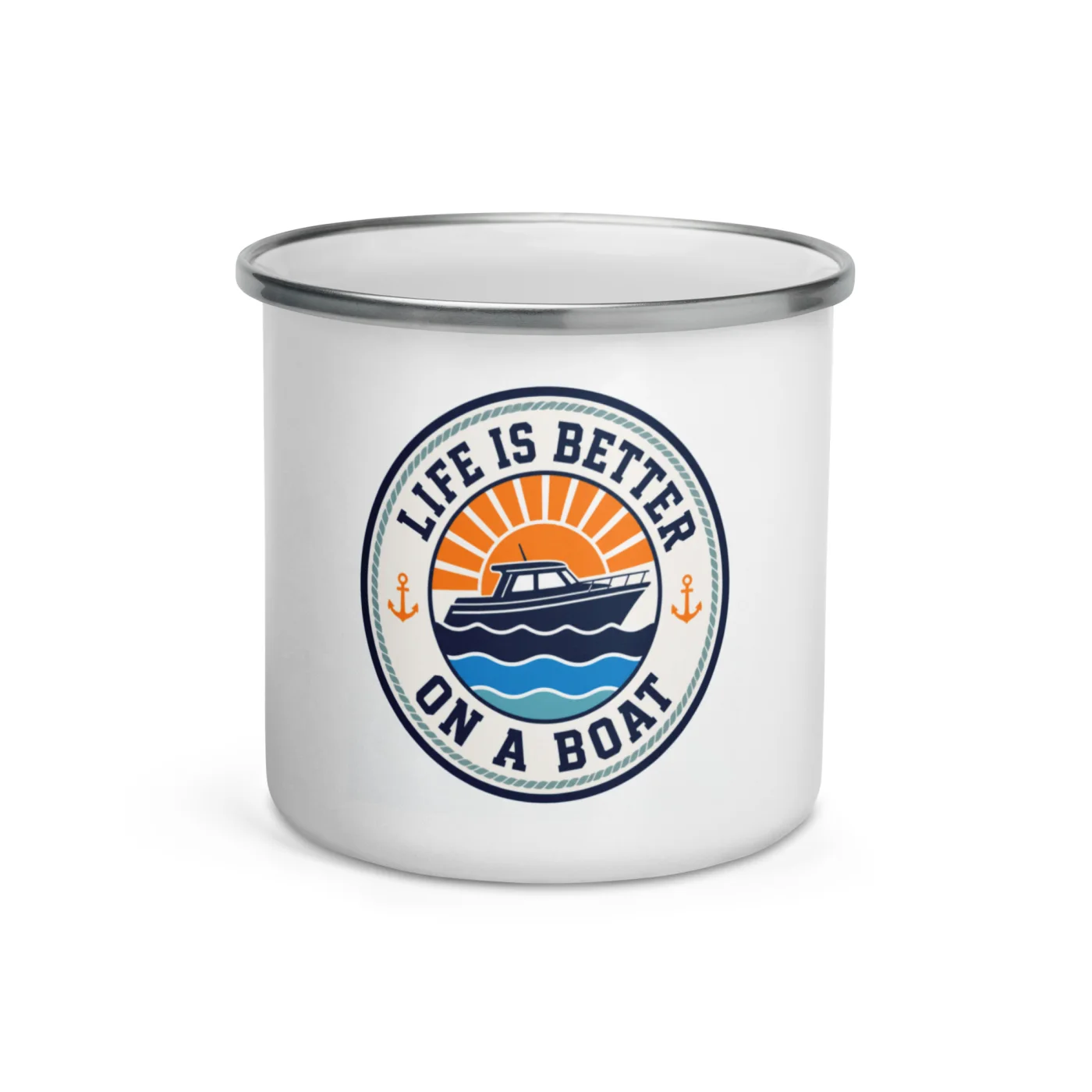 Enamel Camp Boat Mug, Life Is Better on a Boat, Bold Emblem