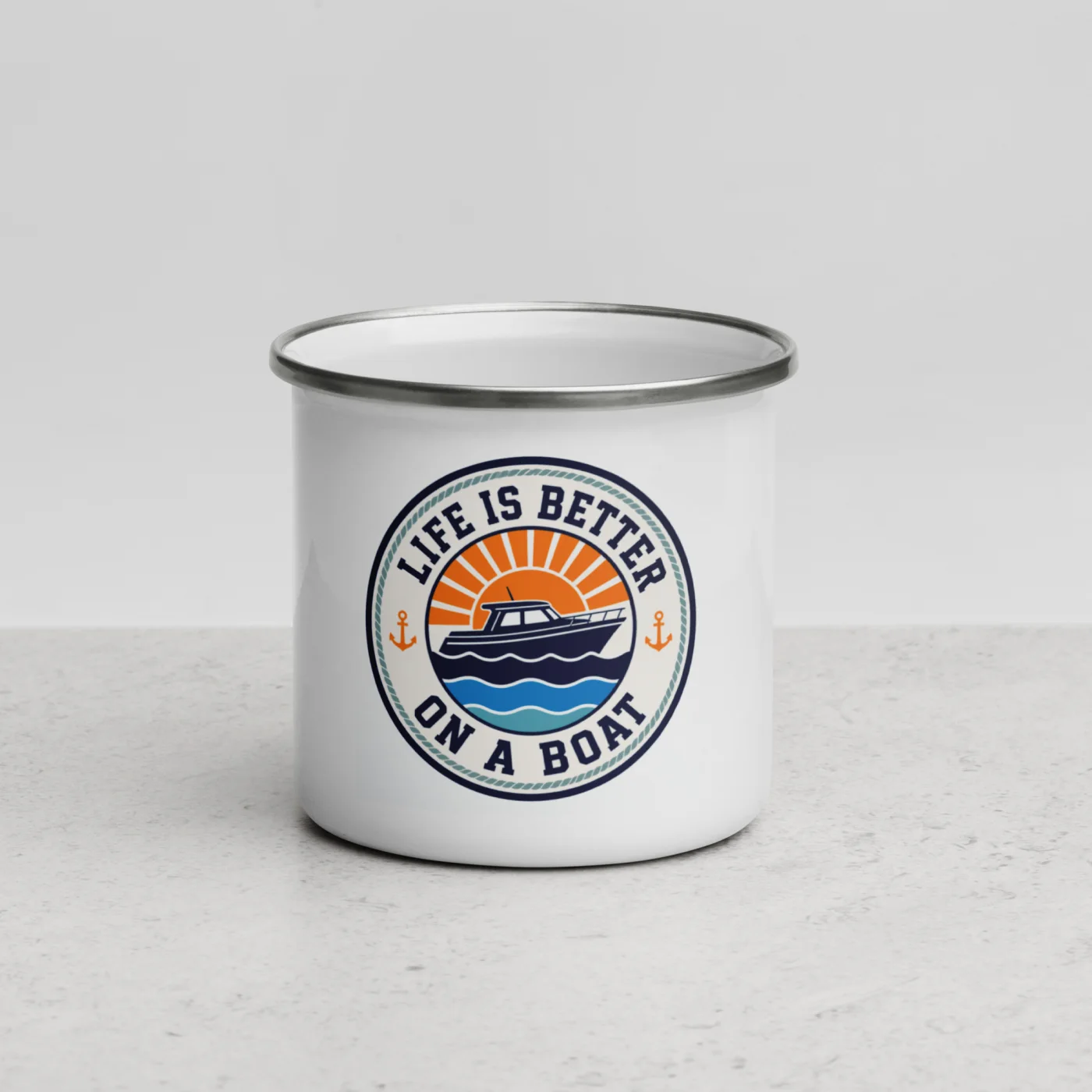 Enamel Camp Boat Mug, Life Is Better on a Boat, Bold Emblem