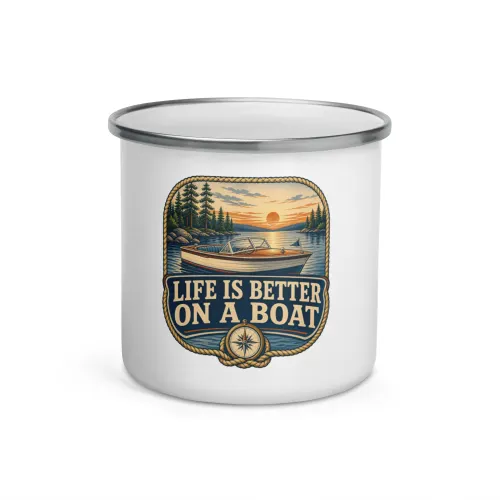 Enamel Camp Boat Mug, Life Is Better on a Boat, Vintage Badge - 12 oz - White