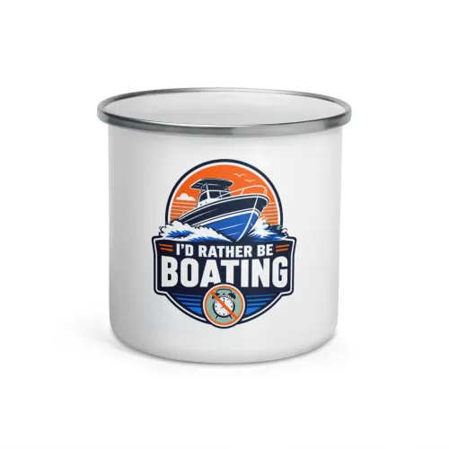 Enamel Camp Boat Mug, I'd Rather Be Boating, Bold Emblem - 12 oz - White