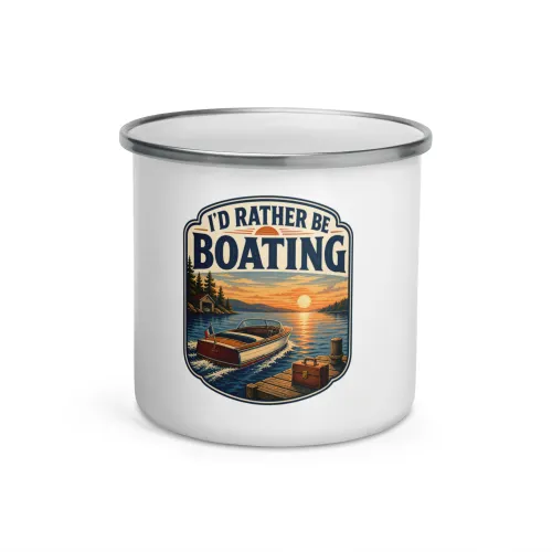 Enamel Camp Boat Mug, I'd Rather Be Boating, Vintage Badge - 12 oz - White