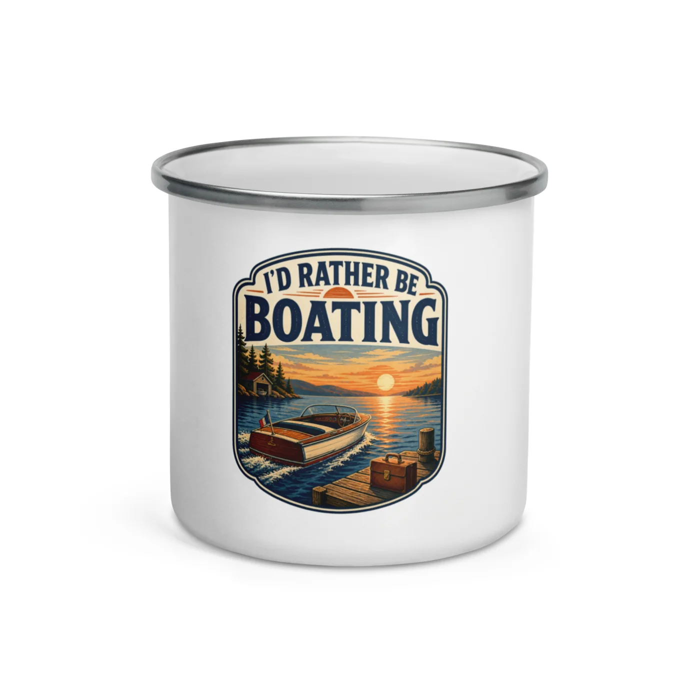 Enamel Camp Boat Mug, I'd Rather Be Boating, Vintage Badge