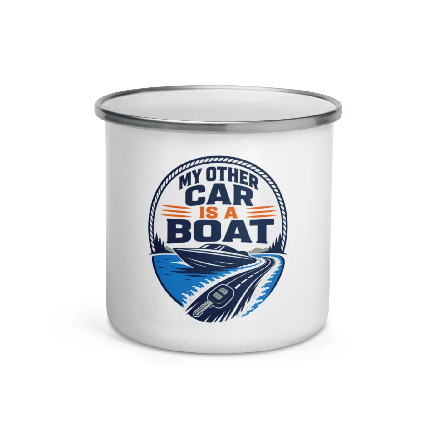 Enamel Camp Boat Mug, My Other Car Is a Boat, Bold Emblem