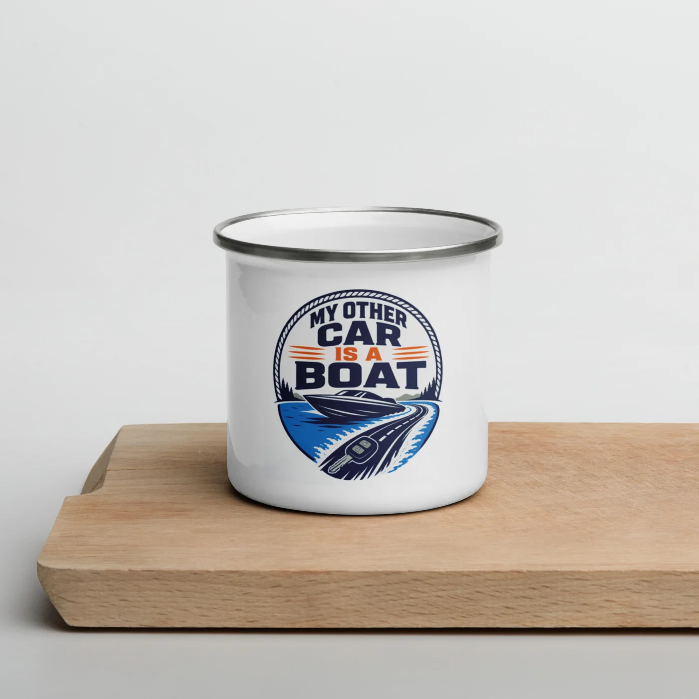 Enamel Camp Boat Mug, My Other Car Is a Boat, Bold Emblem