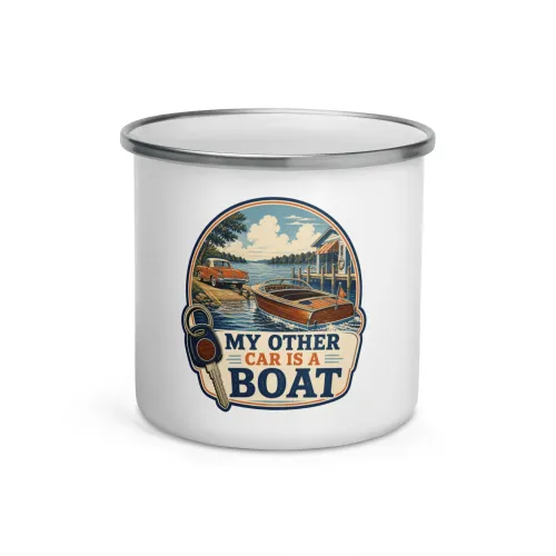 Enamel Camp Boat Mug, My Other Car Is a Boat, Vintage Badge - 12 oz - White