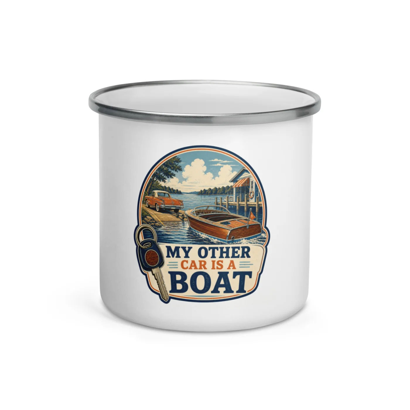 Enamel Camp Boat Mug, My Other Car Is a Boat, Vintage Badge