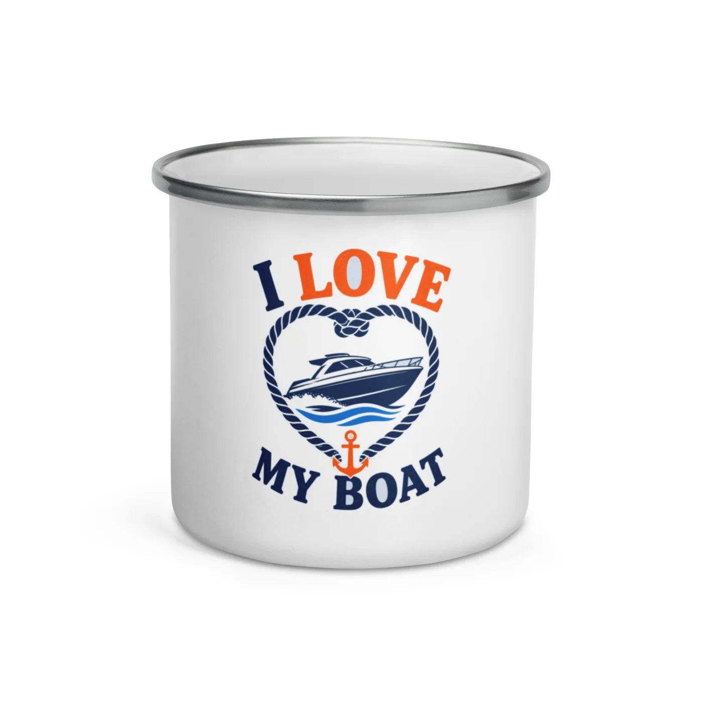 Enamel Camp Boat Mug, I Love My Boat, Bold Emblem