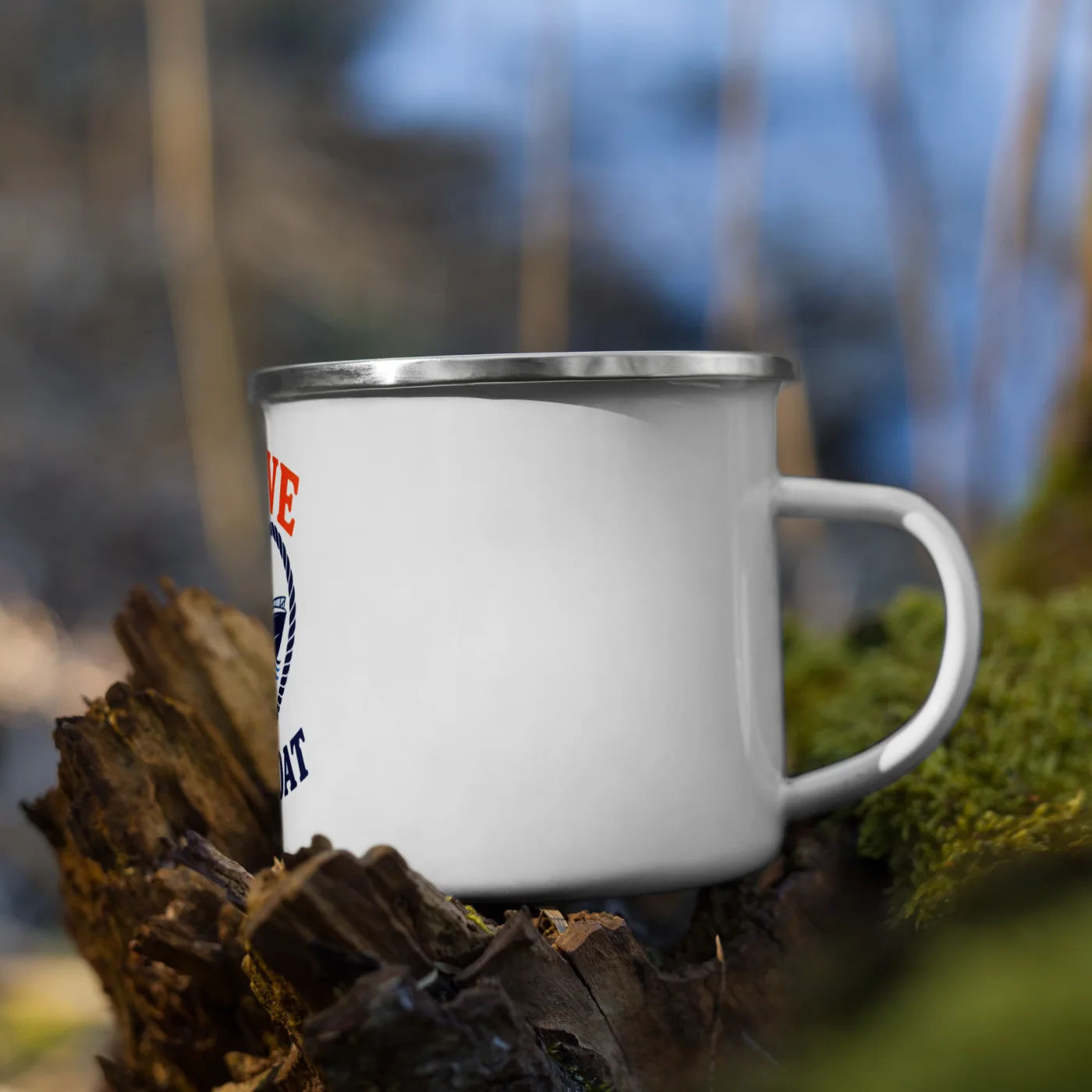 Enamel Camp Boat Mug, I Love My Boat, Bold Emblem