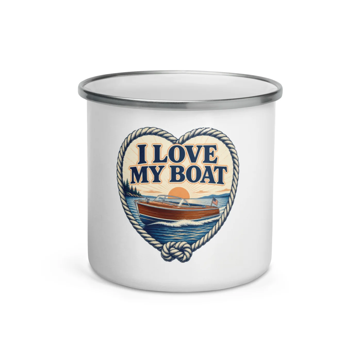 Enamel Camp Boat Mug, I Love My Boat, Vintage Badge
