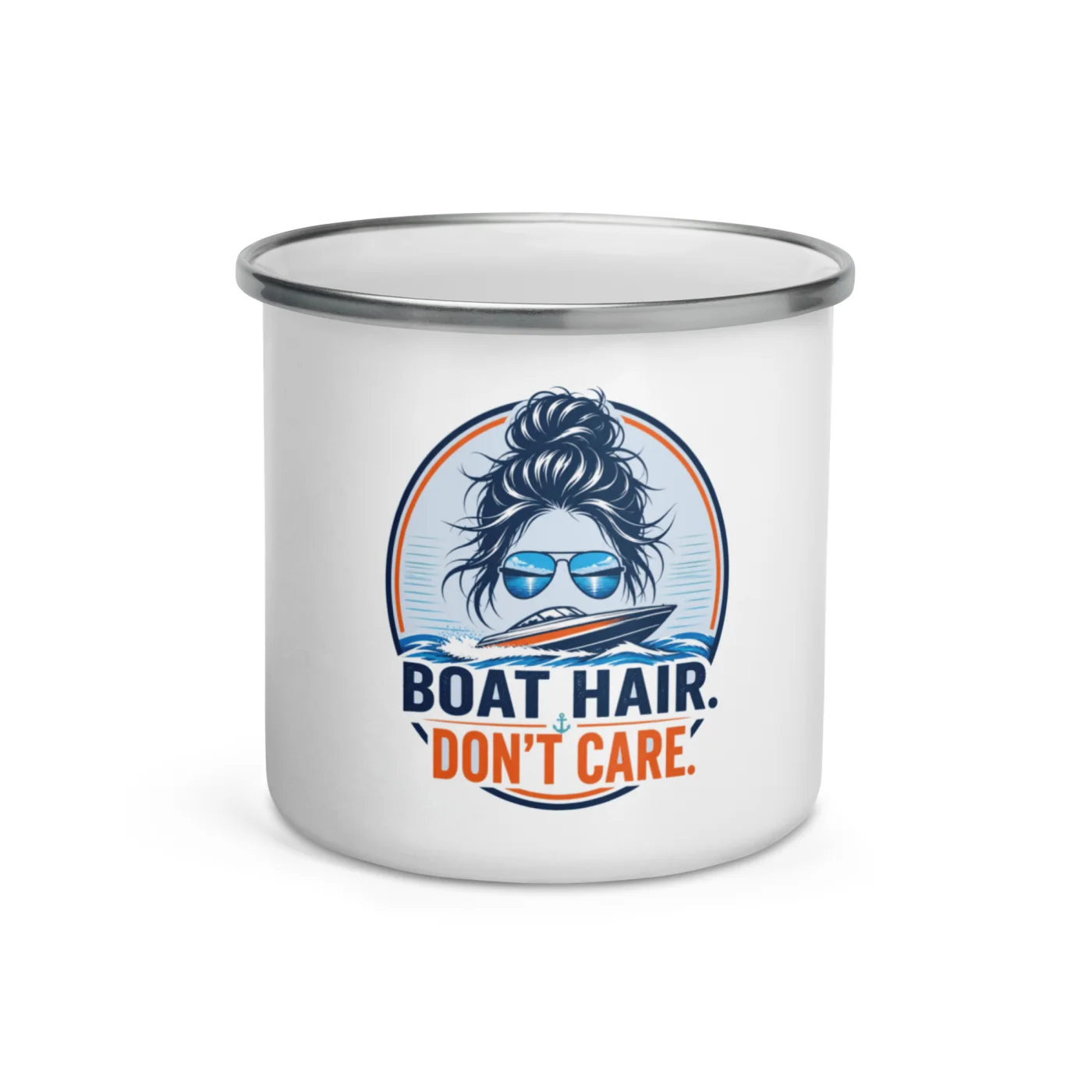 Enamel Camp Boat Mug, Boat Hair. Don't Care., Bold Emblem