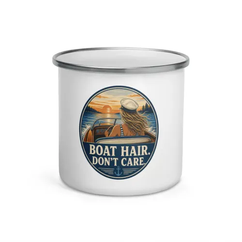 Enamel Camp Boat Mug, Boat Hair. Don't Care., Vintage Badge - 12 oz - White
