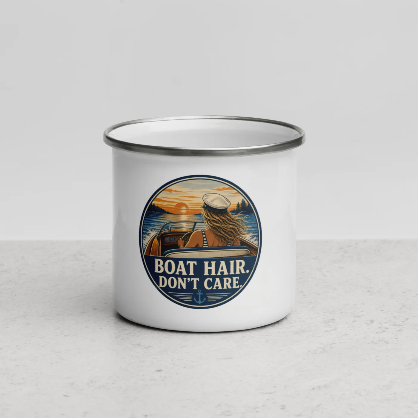Enamel Camp Boat Mug, Boat Hair. Don't Care., Vintage Badge