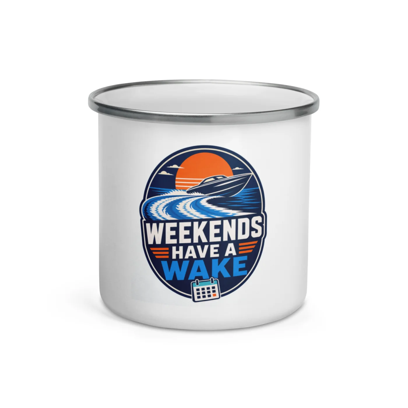 Enamel Camp Boat Mug, Weekends Have a Wake, Bold Emblem