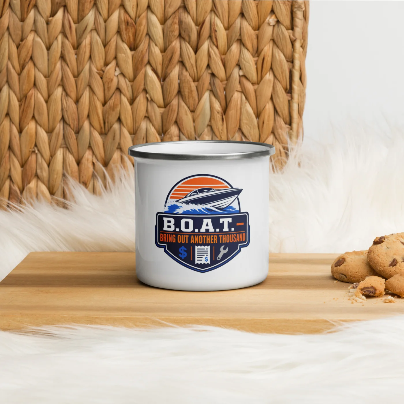 Enamel Camp Boat Mug, B.O.A.T. - Bring Out Another Thousand, Bold Emblem