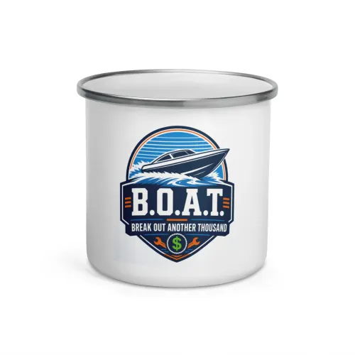 Enamel Camp Boat Mug, B.O.A.T. - Break Out Another Thousand, Bold Emblem - 12 oz - White