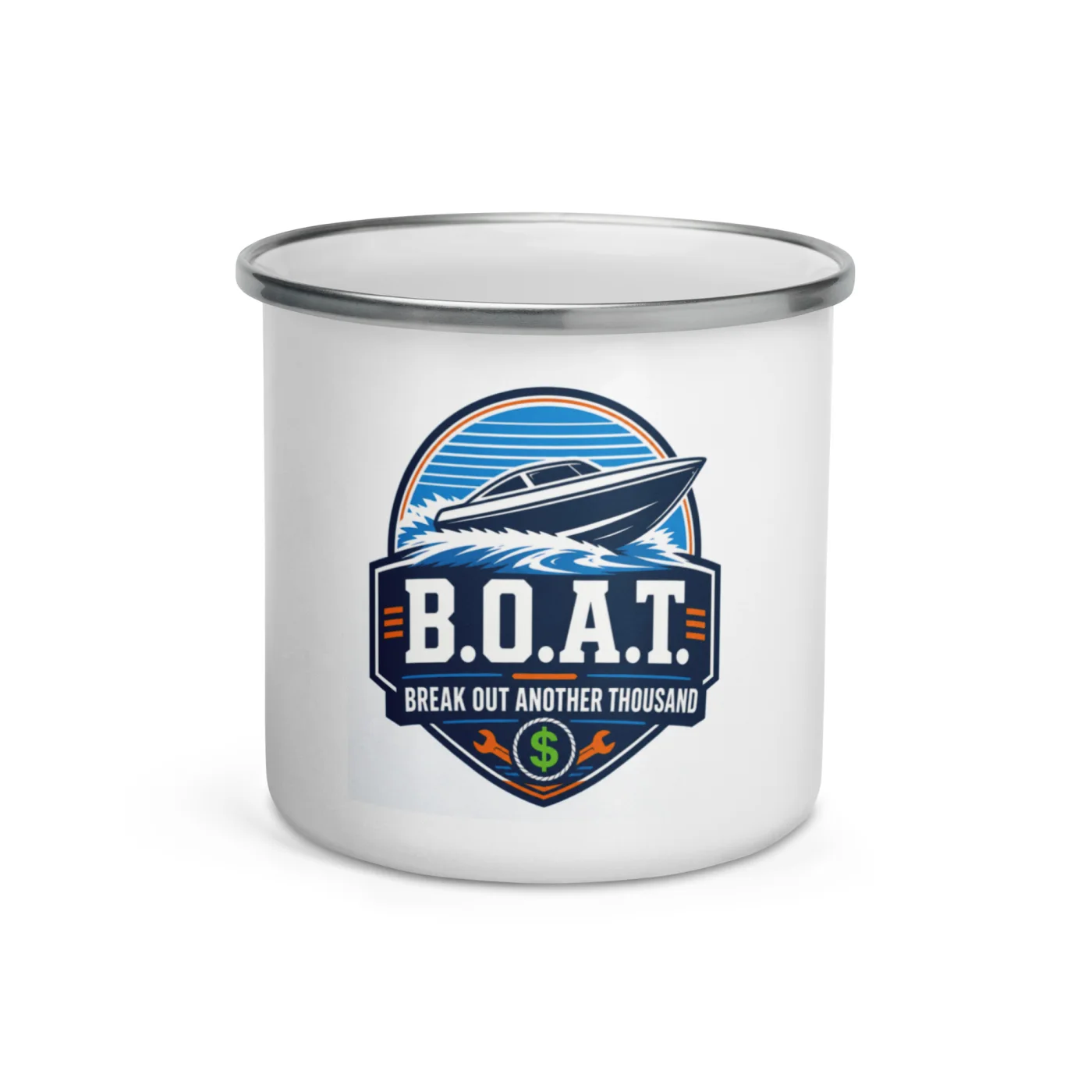 Enamel Camp Boat Mug, B.O.A.T. - Break Out Another Thousand, Bold Emblem