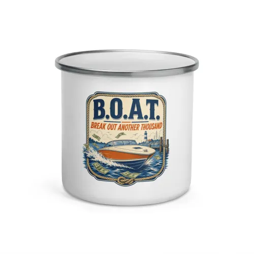 Enamel Camp Boat Mug, B.O.A.T. - Break Out Another Thousand, Vintage Badge - 12 oz - White