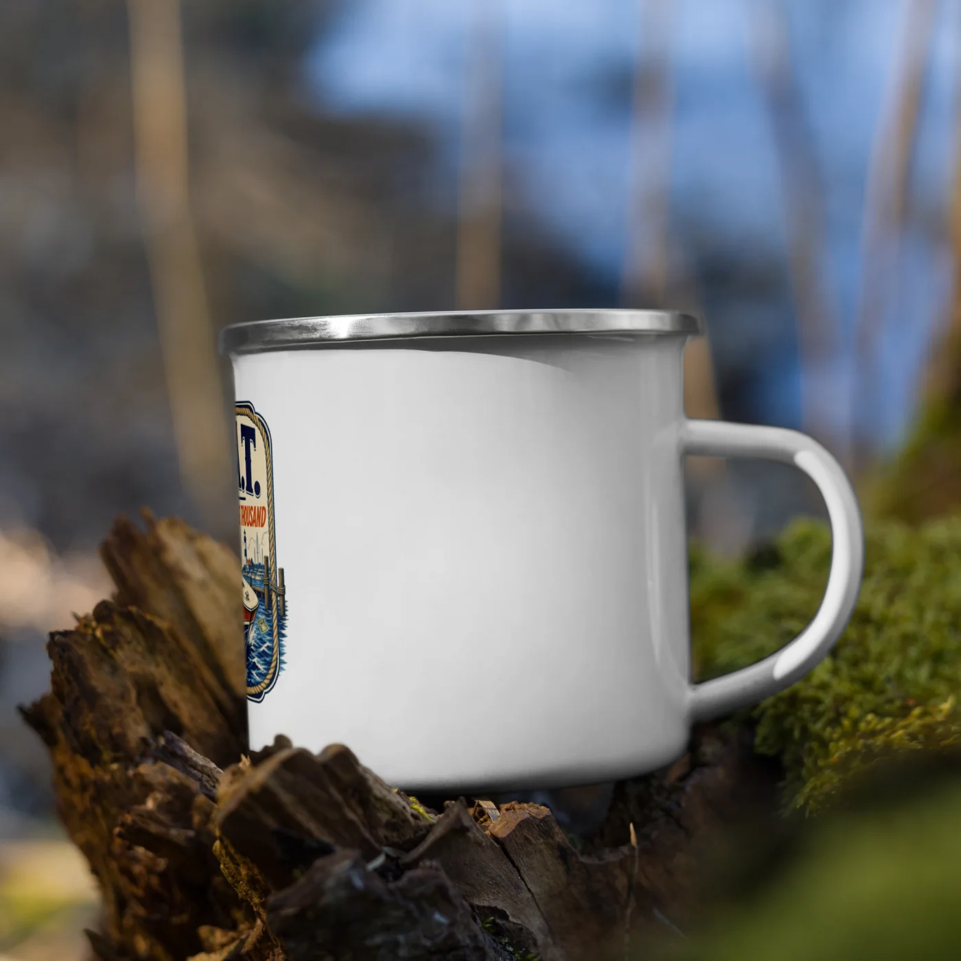 Enamel Camp Boat Mug, B.O.A.T. - Break Out Another Thousand, Vintage Badge