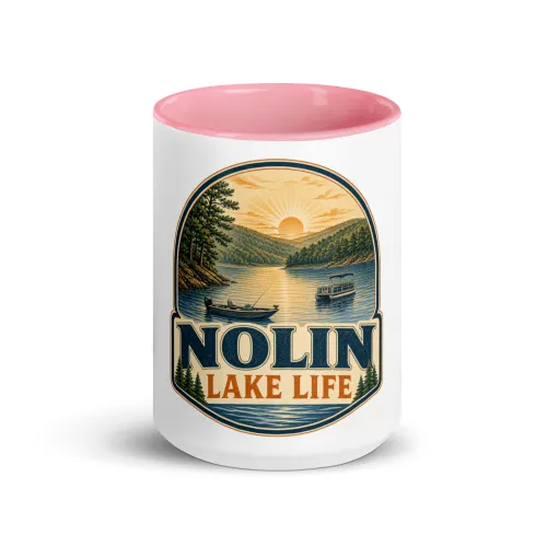 Color Inside Boat Mug, Nolin Lake Life, Vintage Badge - 15 oz - Pink
