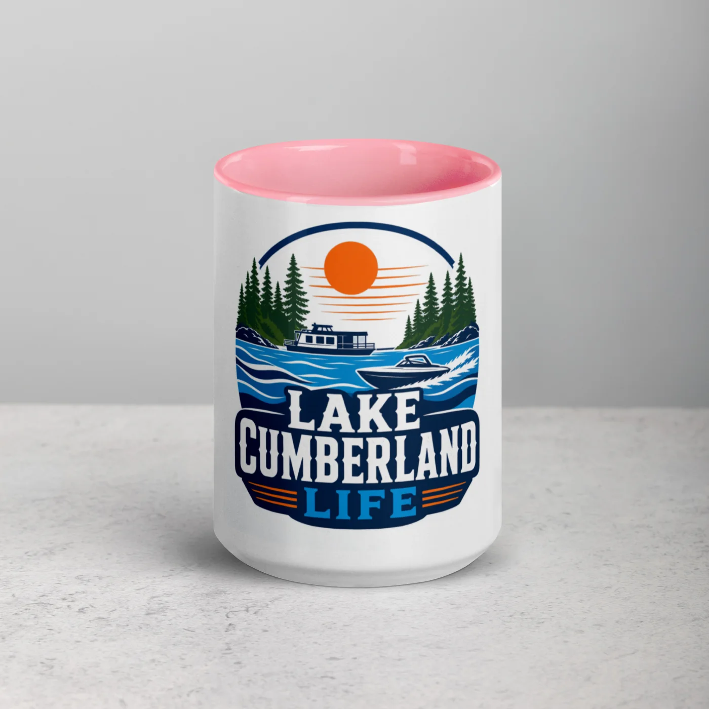 Color Inside Boat Mug, Lake Cumberland Life, Bold Emblem