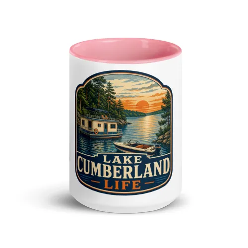 Color Inside Boat Mug, Lake Cumberland Life, Vintage Badge - 15 oz - Pink