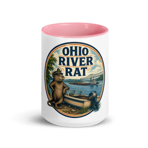 Color Inside Boat Mug, Ohio River Rat, Vintage Badge - 15 oz - Pink