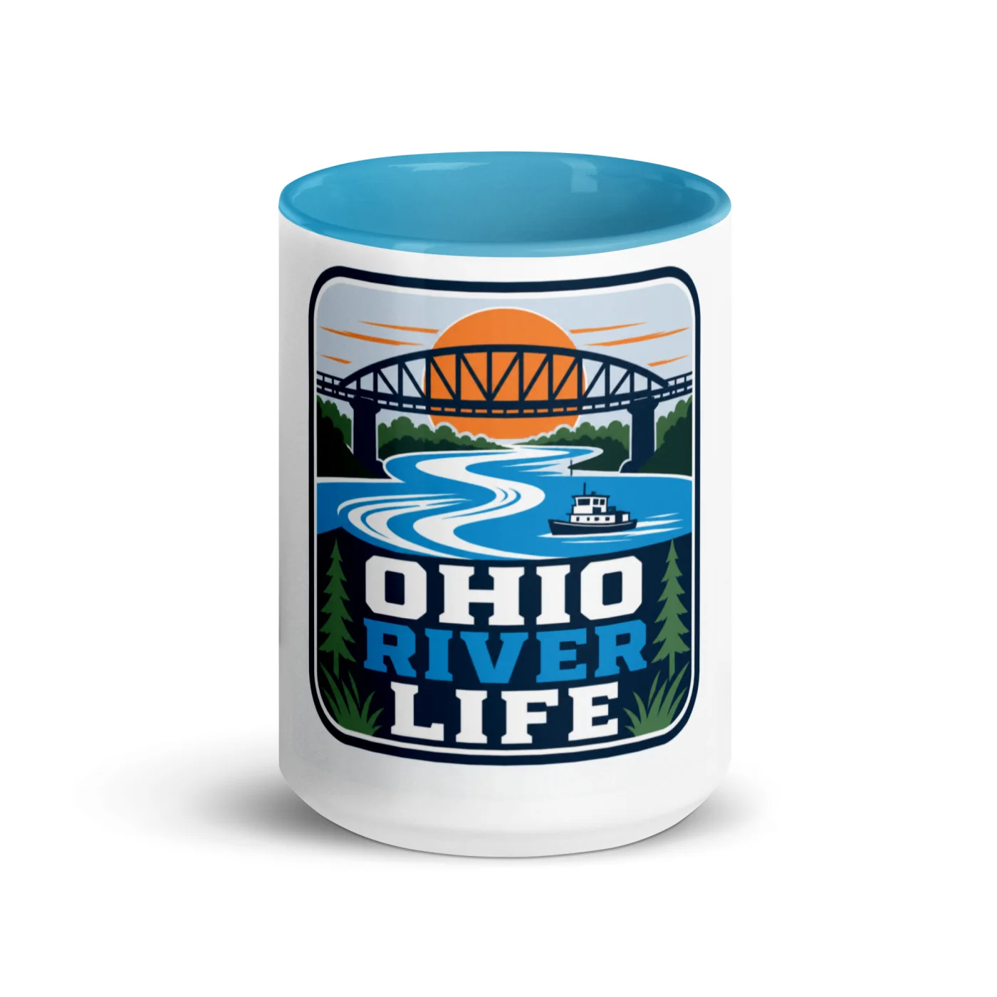 Color Inside Boat Mug, Ohio River Life, Bold Emblem