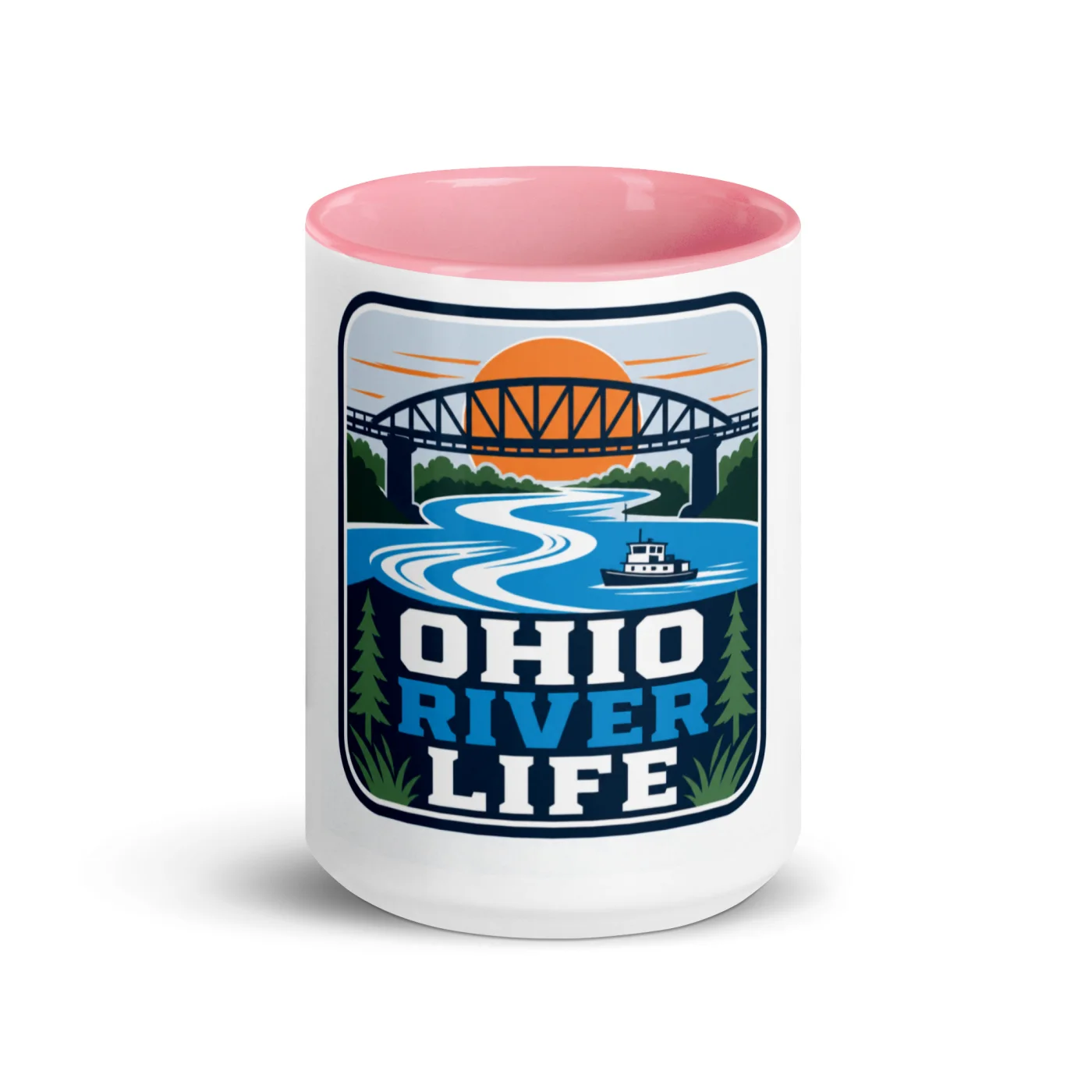 Color Inside Boat Mug, Ohio River Life, Bold Emblem