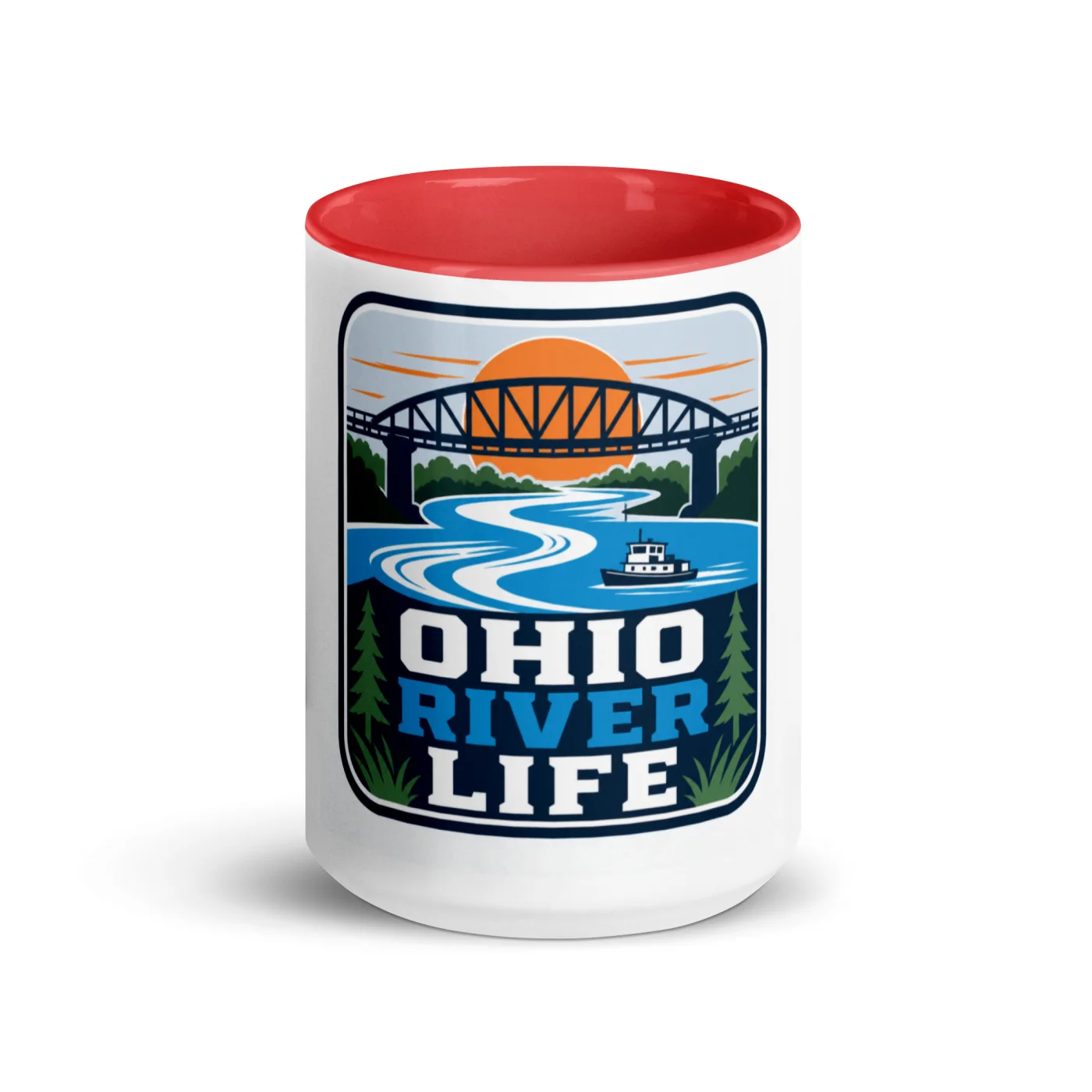 Color Inside Boat Mug, Ohio River Life, Bold Emblem