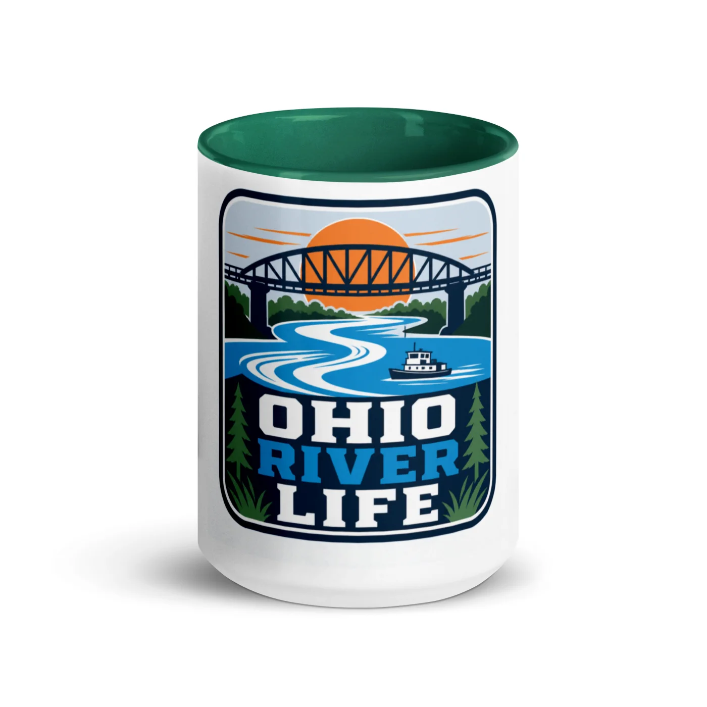Color Inside Boat Mug, Ohio River Life, Bold Emblem