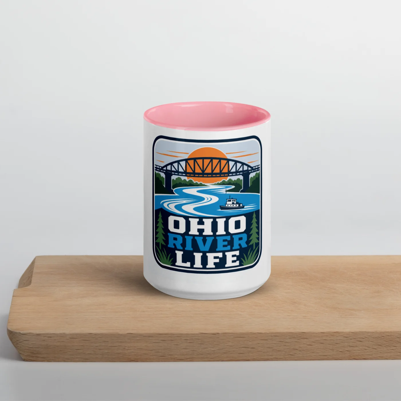 Color Inside Boat Mug, Ohio River Life, Bold Emblem