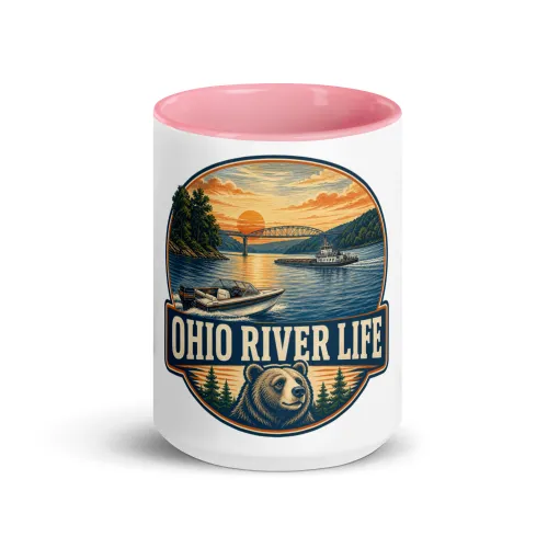 Color Inside Boat Mug, Ohio River Life, Vintage Badge - 15 oz - Pink