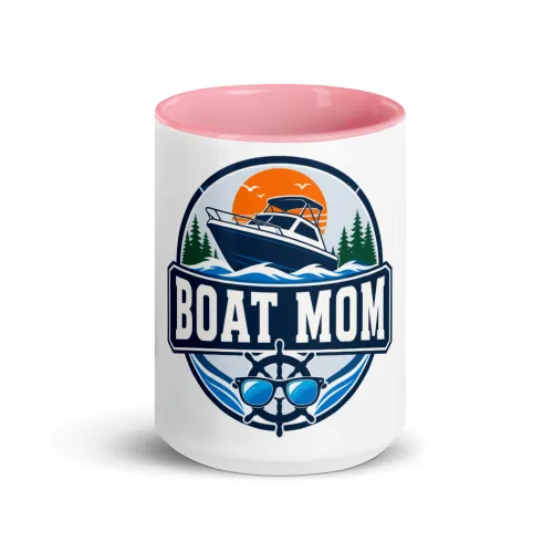 Color Inside Boat Mug, Boat Mom, Bold Emblem - 15 oz - Pink