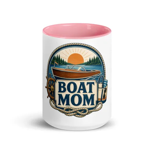 Color Inside Boat Mug, Boat Mom, Vintage Badge - 15 oz - Pink
