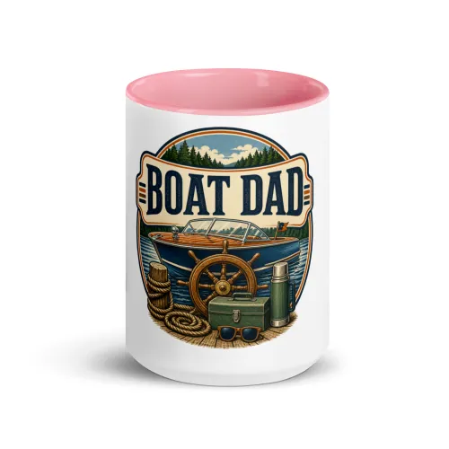 Color Inside Boat Mug, Boat Dad, Vintage Badge - 15 oz - Pink