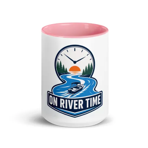Color Inside Boat Mug, On River Time, Bold Emblem - 15 oz - Pink