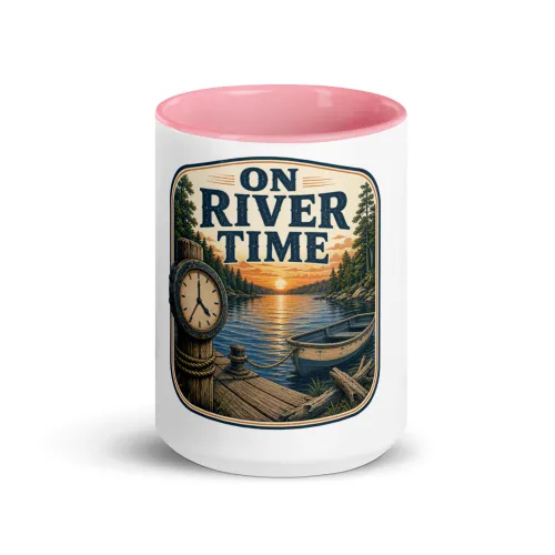Color Inside Boat Mug, On River Time, Vintage Badge - 15 oz - Pink