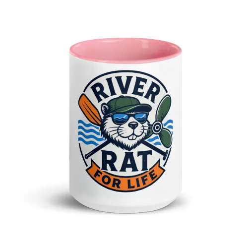 Color Inside Boat Mug, River Rat for Life, Bold Emblem - 15 oz - Pink