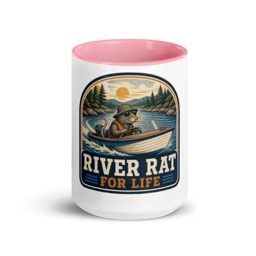 Color Inside Boat Mug, River Rat for Life, Vintage Badge - 15 oz - Pink