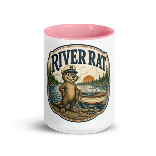 Color Inside Boat Mug, River Rat, Vintage Badge - 15 oz - Pink