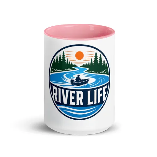 Color Inside Boat Mug, River Life, Bold Emblem - 15 oz - Pink
