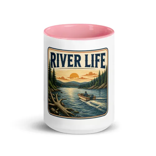 Color Inside Boat Mug, River Life, Vintage Badge - 15 oz - Pink