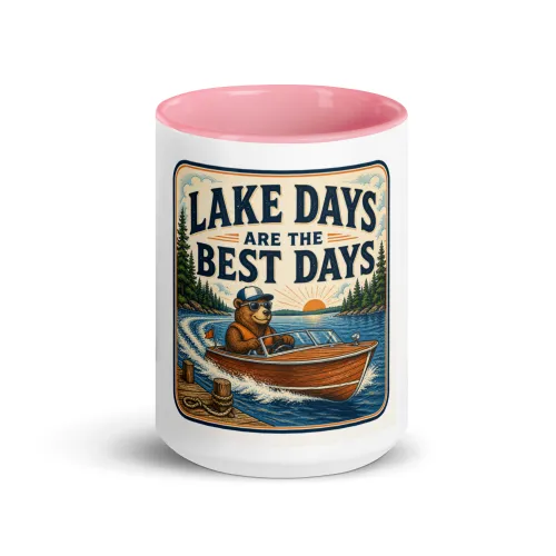 Color Inside Boat Mug, Lake Days Are the Best Days, Vintage Badge - 15 oz - Pink