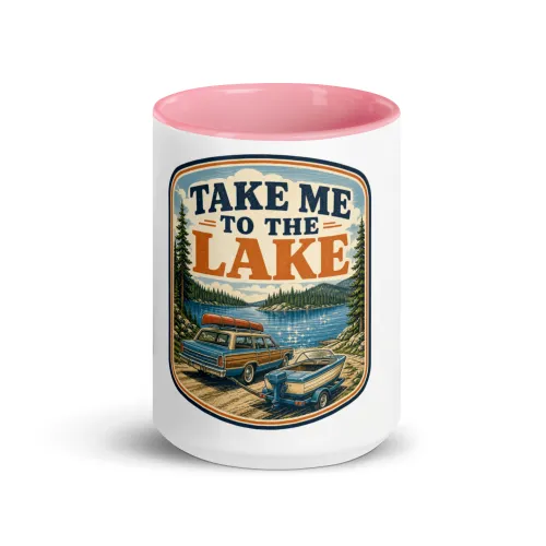 Color Inside Boat Mug, Take Me to the Lake, Vintage Badge - 15 oz - Pink