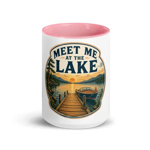 Color Inside Boat Mug, Meet Me at the Lake, Vintage Badge - 15 oz - Pink