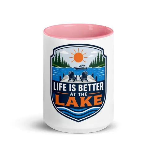 Color Inside Boat Mug, Life Is Better at the Lake, Bold Emblem - 15 oz - Pink