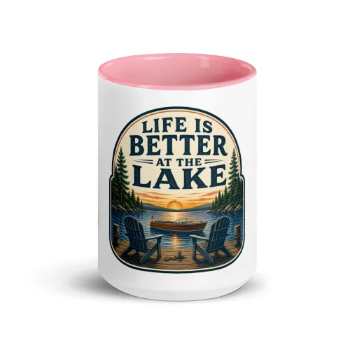 Color Inside Boat Mug, Life Is Better at the Lake, Vintage Badge - 15 oz - Pink